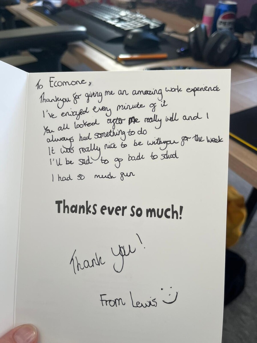 work experience thank you card written by lewis