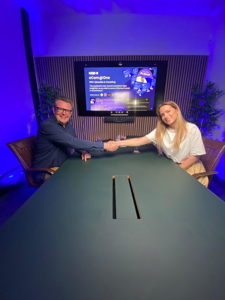 ecom@one podcast with richard hill to the left and emilia to the right